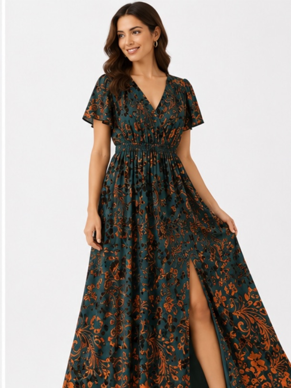 Baltic Born Teal and Rust Floral Midi Dress